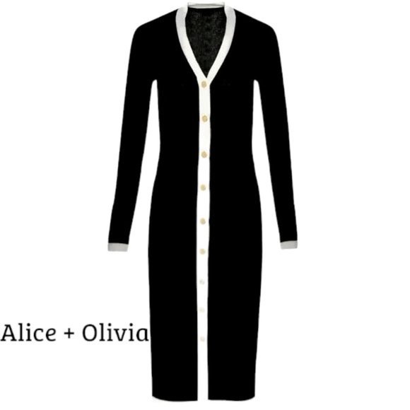 NWT Alice + Olivia Alcina Gold Button Soft Rib Knit Sweater Dress S MSRP $465 - Picture 8 of 10